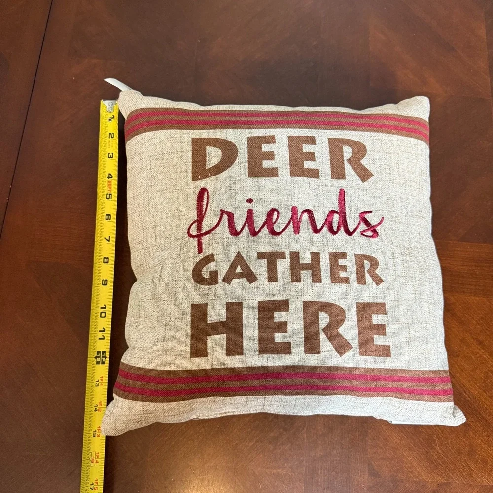 Rustic Farmhouse Christmas Pillow Deer Friends Gather Here Winter‎ Decor 16x16